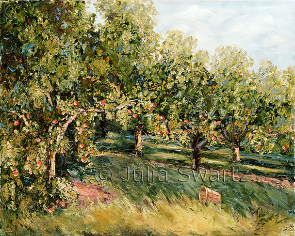 The long shadows of the evening light grace the ripe peach trees in the oil painting by Julia Swartz.