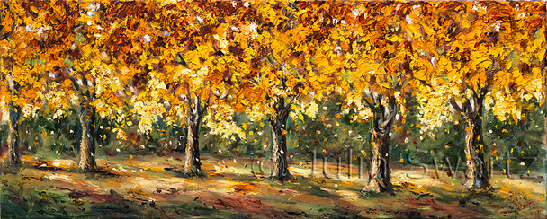 At the edge of Julia's property we find this row of maple trees, their brilliant autumn color captured forever in oil paint.