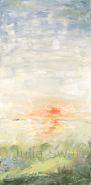 An impressionist landscape oil painting of the sun setting over the water by Julia Swartz.