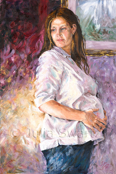 This oil painting is a portrait of Julia's daughter-in-law, Amy, while pregnant with her son Colby.