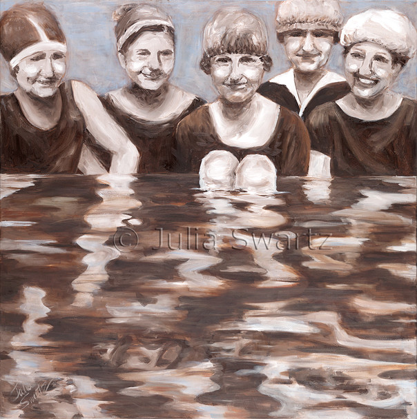 Oil paintings of Mennonite women bathing in the creek by Julia Swartz, Lancaster PA.
