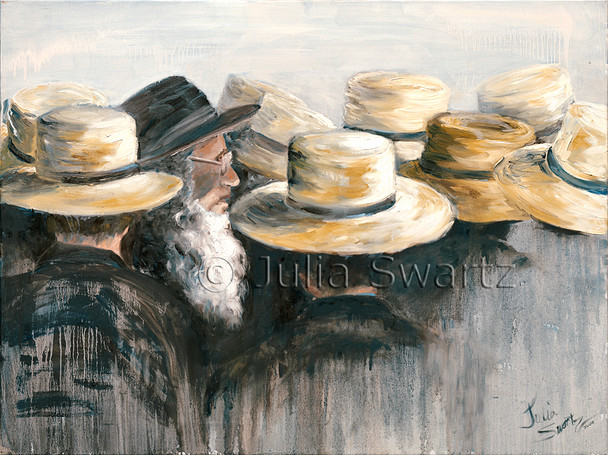 An oil painting of a group of Amish at a auction in Lancaster county PA.