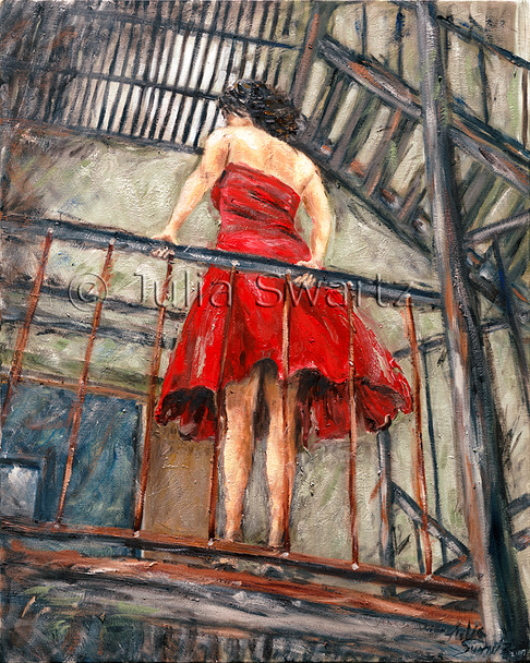 A figure portrait oil painting on canvas of a young lady standing on a fire escape.