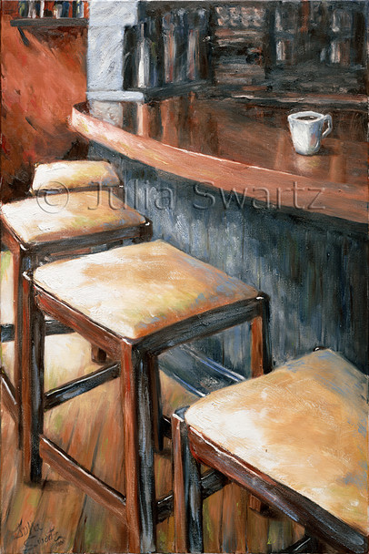An oil paintings of  a cafe counter with one cup of coffee.