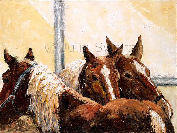 An oil painting of three Amish work horses.