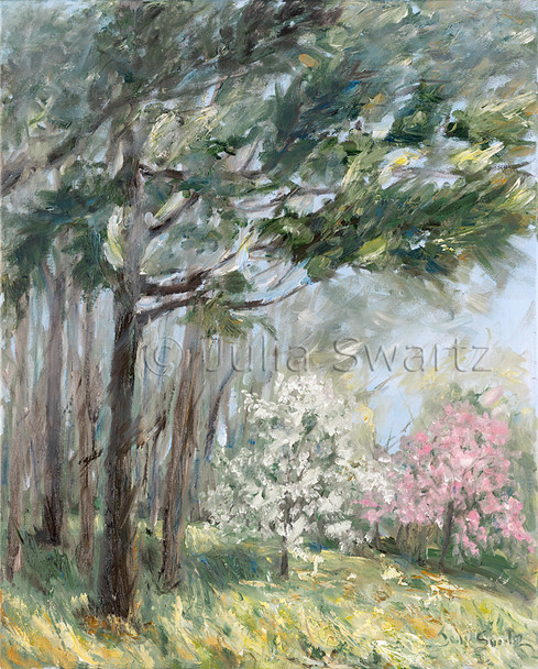 An impressionistic oil painting of a Pink Dogwood tree and a White Dogwood Tree by Julia Swartz, Lancaster PA