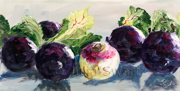 A close up impressionism oil painting of Red Beets and a turnip by Julia Swartz.