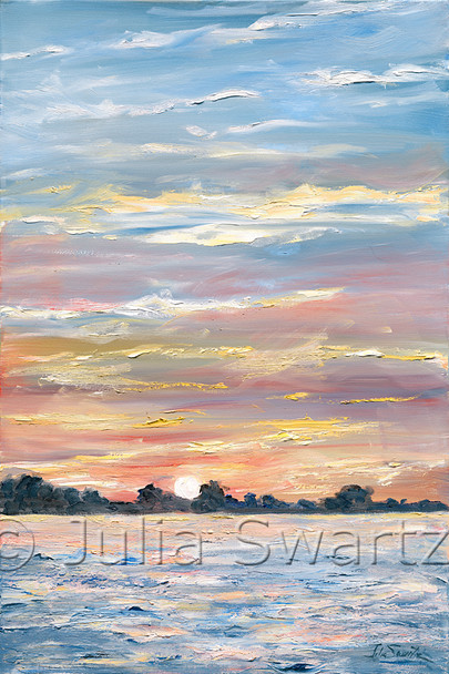 An impressionistic oil paint on canvas of a sunset on Chesapeake bay from the Sassafras river by Julia Swartz.