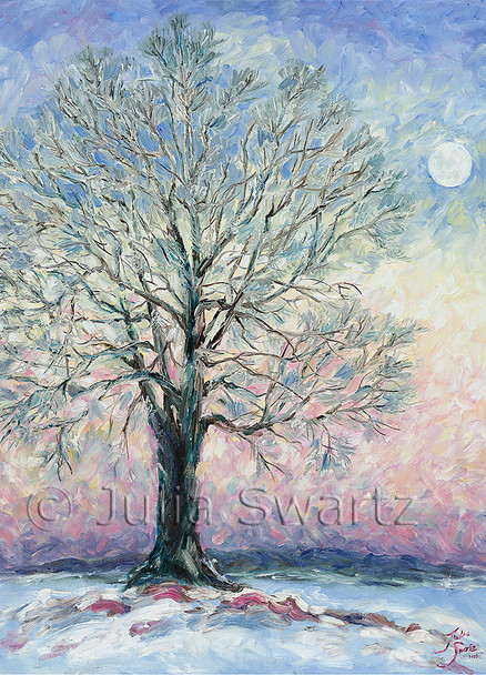 A note card from a painting of the Moon rise and a Sycamore tree by Julia Swartz