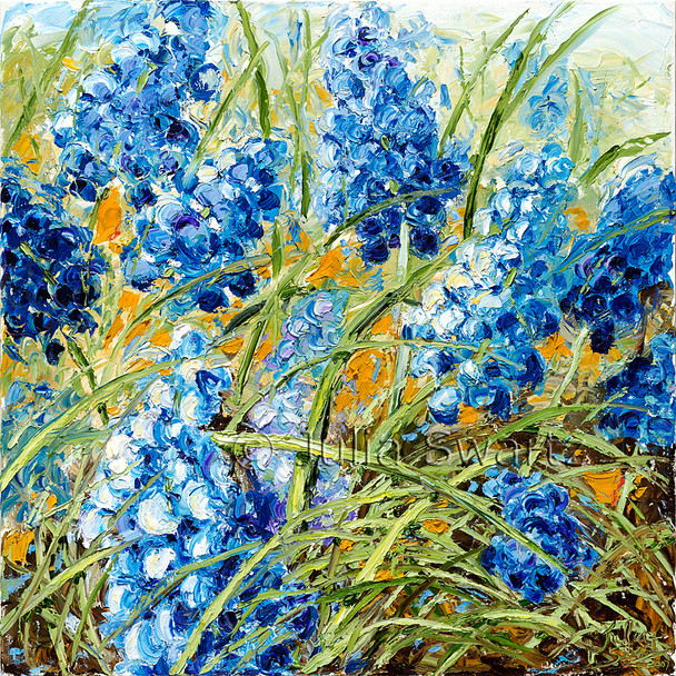 A palette knife oil painting of Bluebells aka grape hyacinth by Julia Swartz