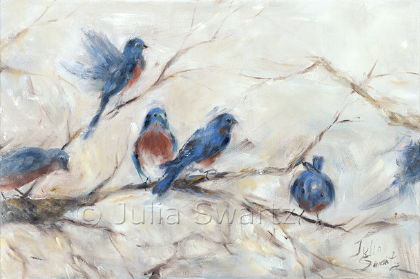 An impressionistic oil painting of Bluebirds by Julia Swartz, Lancaster PA