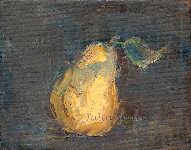 A still life oil painting on canvas of one yellow pear up close by Julia Swartz