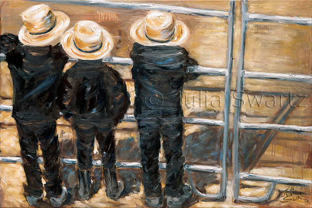 Three little Amish boys, dressed just like the men, were sitting on a fence, with their boots on because it was very muddy at the sale that day. You can almost feel the muddy earth on their boots. Here again, Julia represents the simple life of the Amish without romanticizing it.