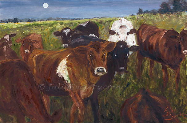 A note card of  "The Gathering"  a stunning oil painting by artist Julia Swartz, available at juliaswartz.com. This captivating artwork features a serene pastoral scene with a herd of cows gathered in a lush, green field under a tranquil moonlit sky. The rich, textured brushstrokes and warm earthy tones bring the cattle to life, creating a peaceful yet evocative atmosphere. 