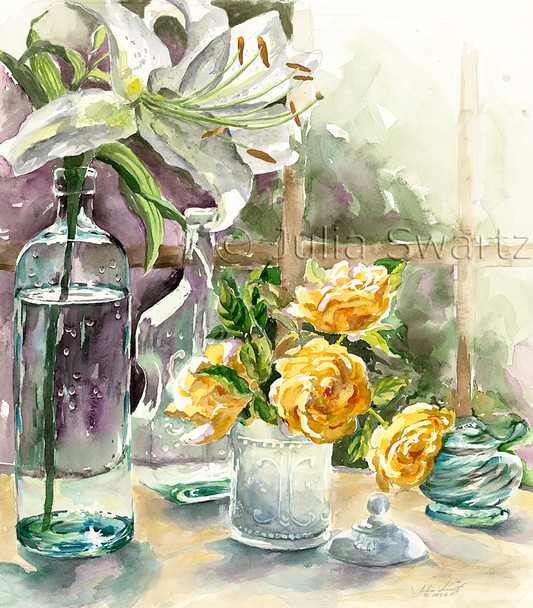A watercolor paintings of Lilies and  Roses in antique bottles by Julia Swartz.