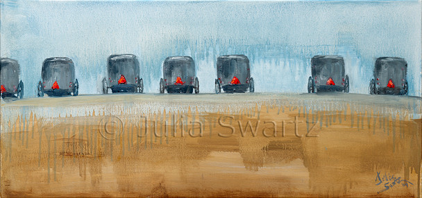 An oil painting of a Row of Amish buggies a mud sale auction in Lancaster county PA