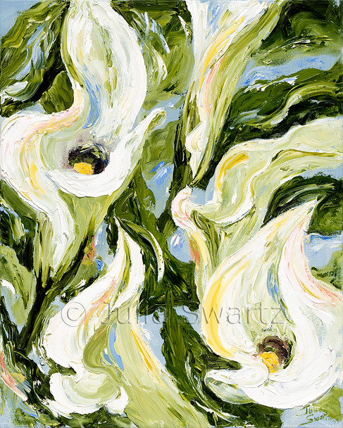 A close up painting of Calla Lilies painted with oil, and palette knife on canvas by Julia Swartz