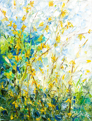 Spring Awakening - Forsythia flower oil painting - Julia Swartz