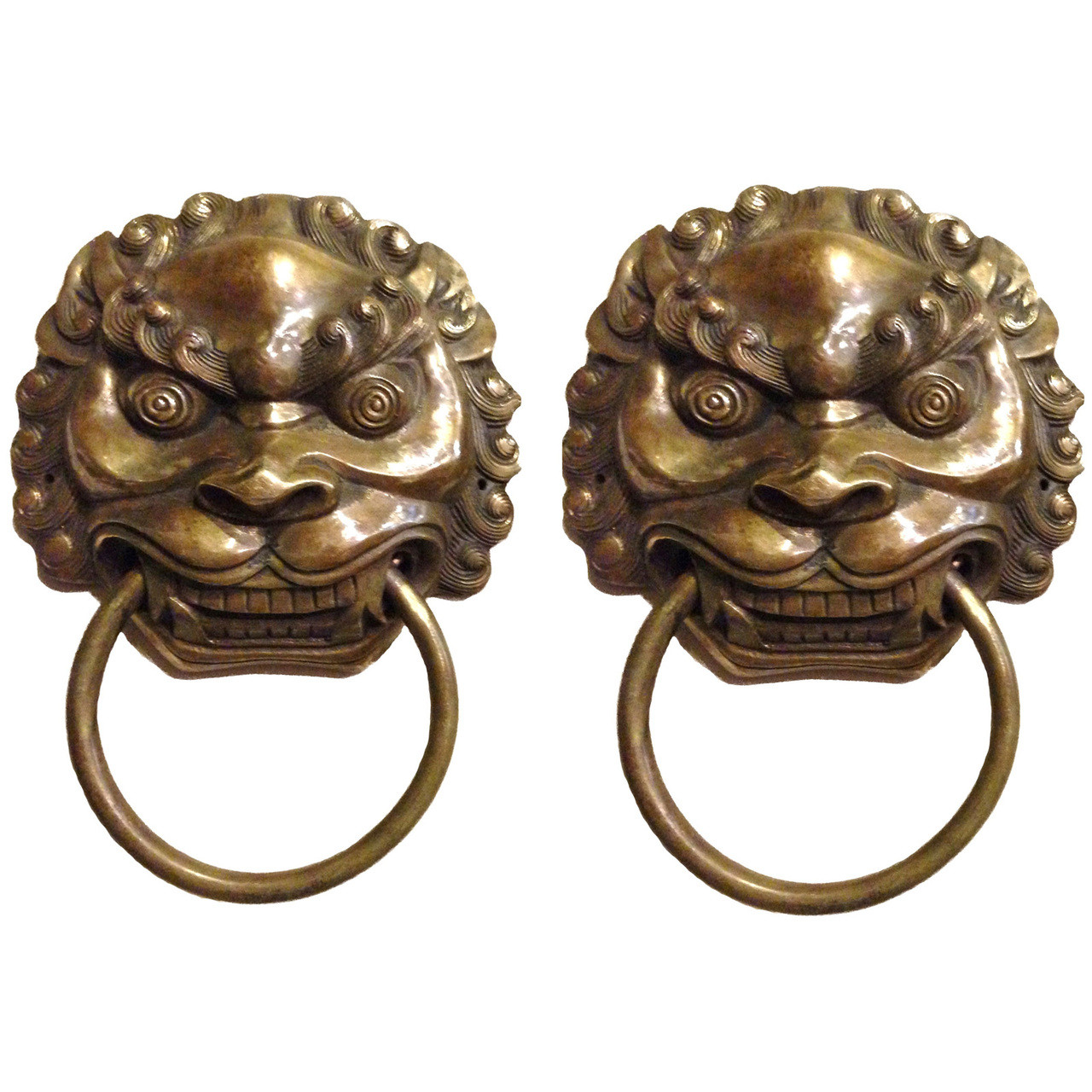 pair brass door knockers, lion BAO ANTIQUES