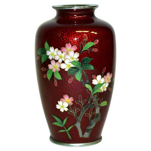 Signed Ando Jubei Japanese Ginbari Red Cloisonne Vase Cherry Blossoms 5"
