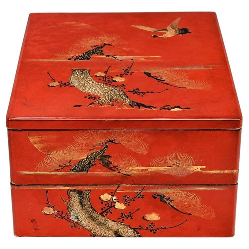 Japanese Antique Red Lacquered Box 2-Tier