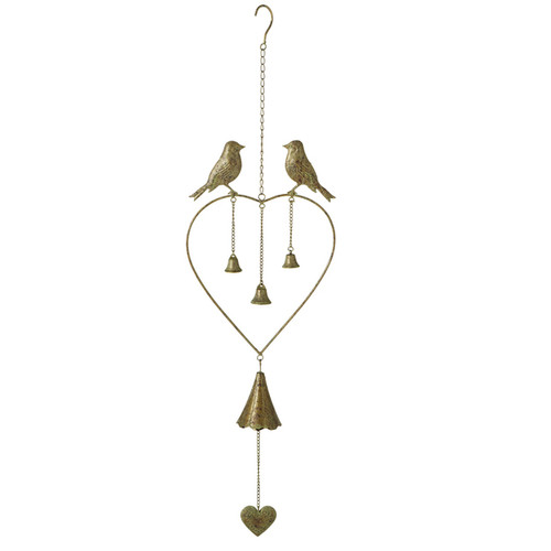 Gold Heart Windchime with Standing Birds