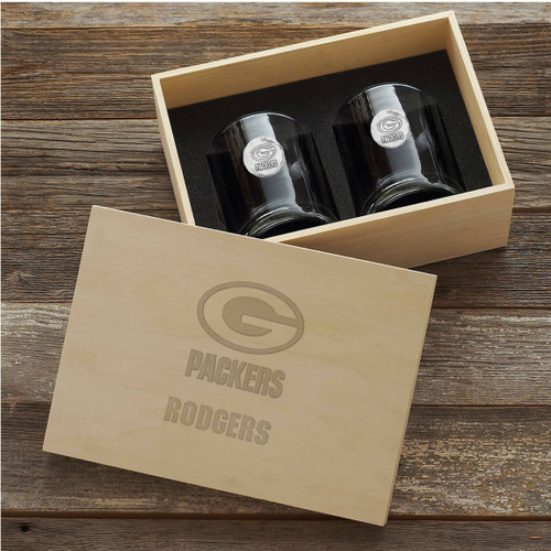 Green Bay Packers Rocks Glass Set and Collectible Box Wendell August