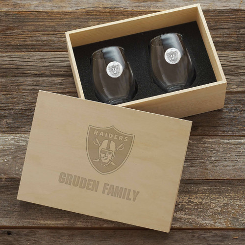 Las Vegas Raiders Stemless Wine Glass Set and Collectors Box Wendell August