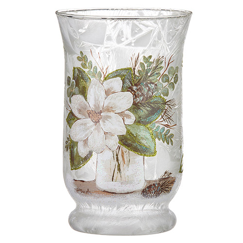 Magnolia and Evergreen Frosted Glass Hurricane Candle Holder Wendell