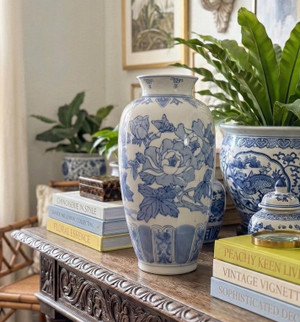 14" Blue White Chinoiserie Vase | 1980s Peony Butterfly Porcelain Jar