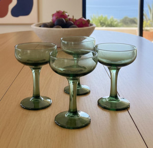 Set of 4 Vintage Green Coupe Glasses, Hand Blown Cocktail Barware