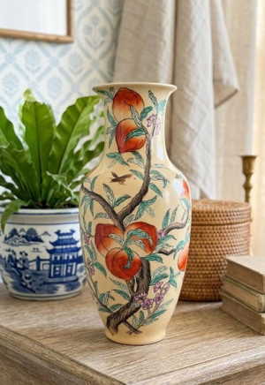 Vintage Chinese Peach Porcelain Vase | 1970s Chinoiserie Hand Painted Vessel