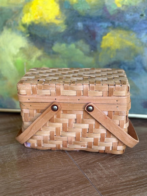 Vintage Woven Wood Picnic Basket | Mid Century Cottagecore Keepsake Box