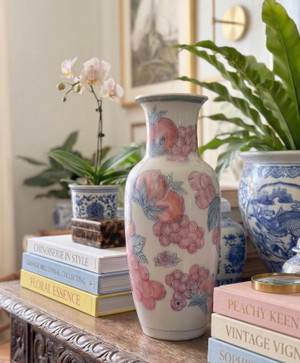 Vintage Chinoiserie Fruit Vase | Hand-Painted Peaches Grapes Porcelain Flower Holder