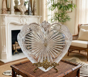 Vintage 1940s Crystal Heart Dish | Scalloped Floral Etched Vanity Tray