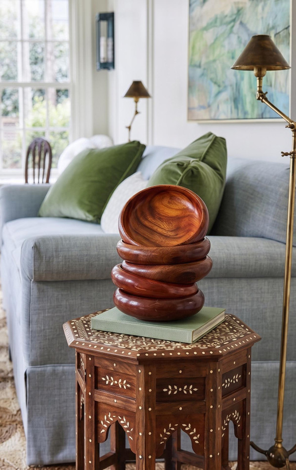 Set of 4 Solid Monkey Pod Wood Bowls | Mid-Century Modern Hand Turned Organic Tableware
