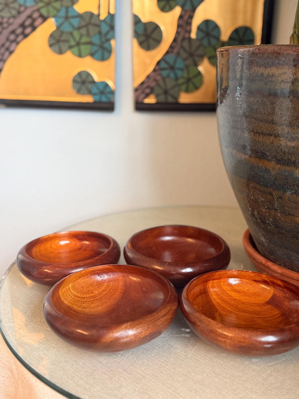 Set of 4 Solid Monkey Pod Wood Bowls | Mid-Century Modern Hand Turned Organic Tableware