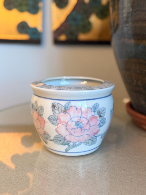 Chinoiserie Peony Ceramic Planter | 1980s Fishbowl Cachepot, Grandmillennial Garden Decor