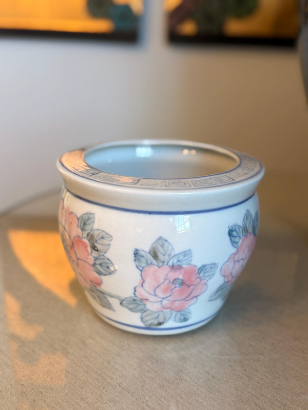 Chinoiserie Peony Ceramic Planter | 1980s Fishbowl Cachepot, Grandmillennial Garden Decor
