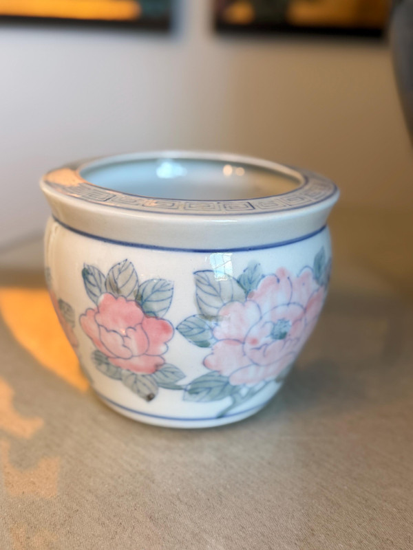 Chinoiserie Peony Ceramic Planter | 1980s Fishbowl Cachepot, Grandmillennial Garden Decor