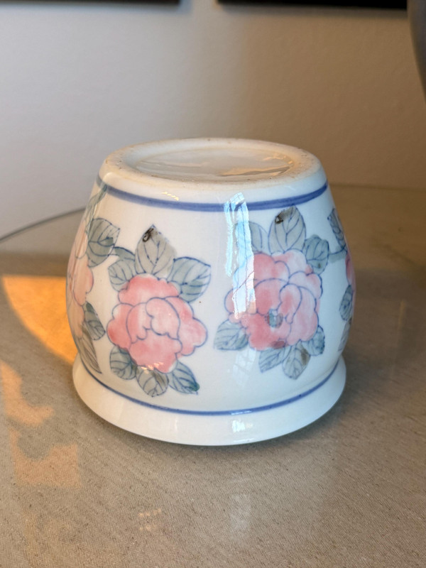 Chinoiserie Peony Ceramic Planter | 1980s Fishbowl Cachepot, Grandmillennial Garden Decor