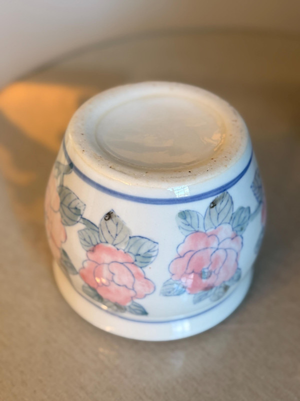 Chinoiserie Peony Ceramic Planter | 1980s Fishbowl Cachepot, Grandmillennial Garden Decor