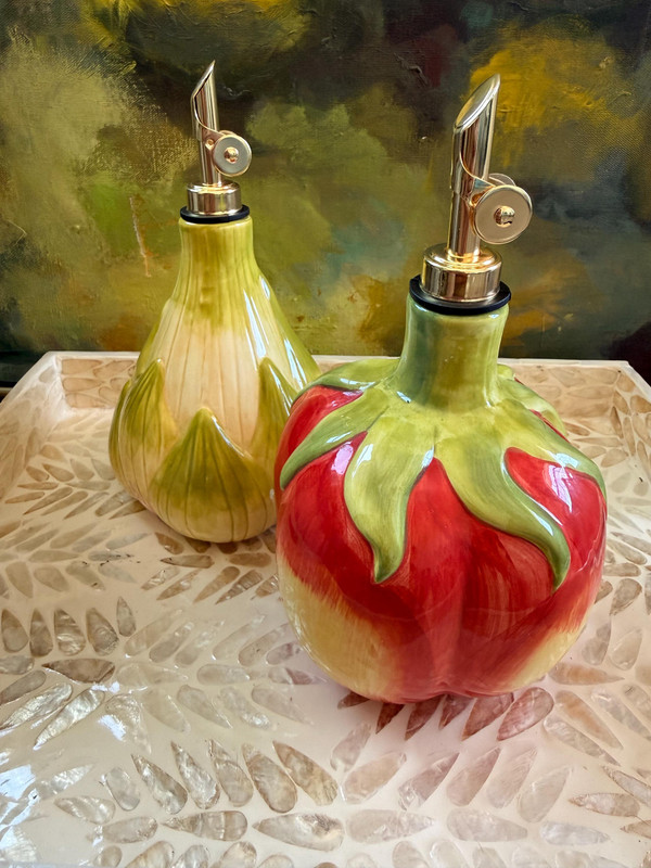 Vintage Tomato Artichoke Cruet Set | 1970s Majolica Style Hand Painted (New Pour Spouts)