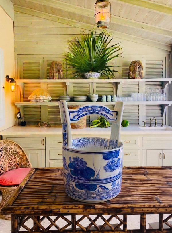 Blue White Porcelain Bucket Vase | Chinoiserie Lotus Mandarin Duck | 20th Century Asian Decor