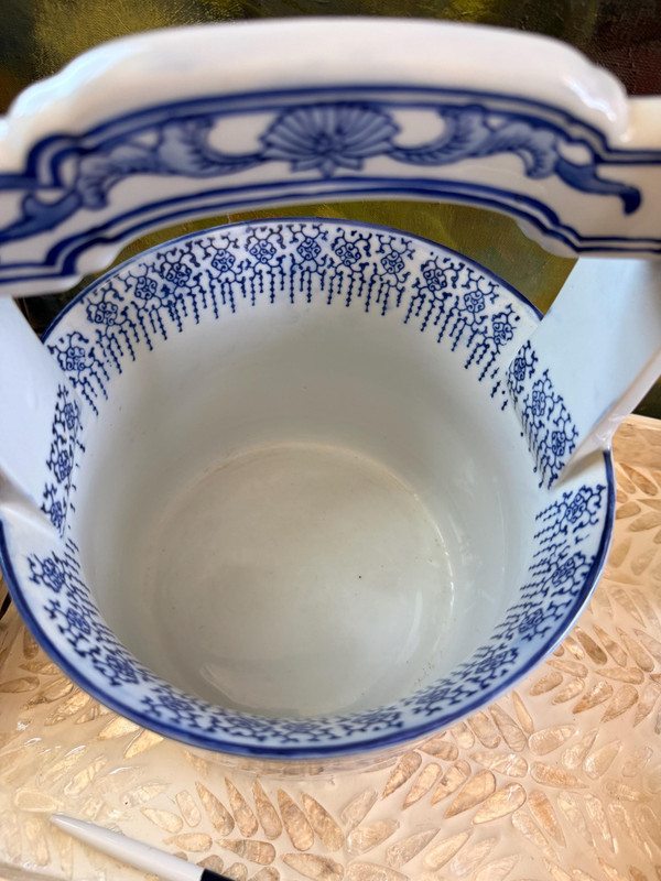 Blue White Porcelain Bucket Vase | Chinoiserie Lotus Mandarin Duck | 20th Century Asian Decor
