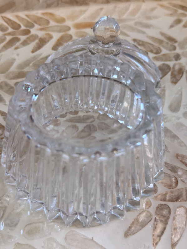 Vintage Cut Glass Trinket Dish | 1950s Vanity Jar with Finial Lid, Hollywood Regency Style