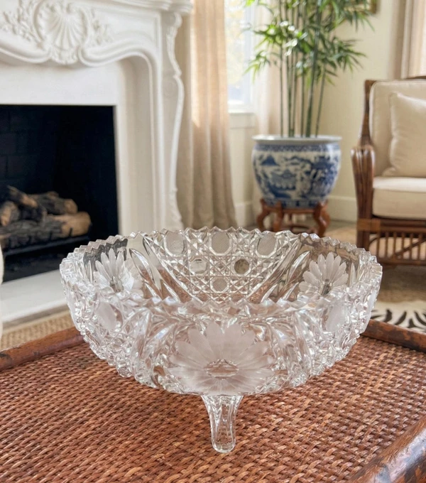 Vintage ABP Style Crystal Footed Bowl | Etched Daisy Glass Centerpiece