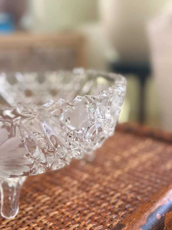 Vintage ABP Style Crystal Footed Bowl | Etched Daisy Glass Centerpiece