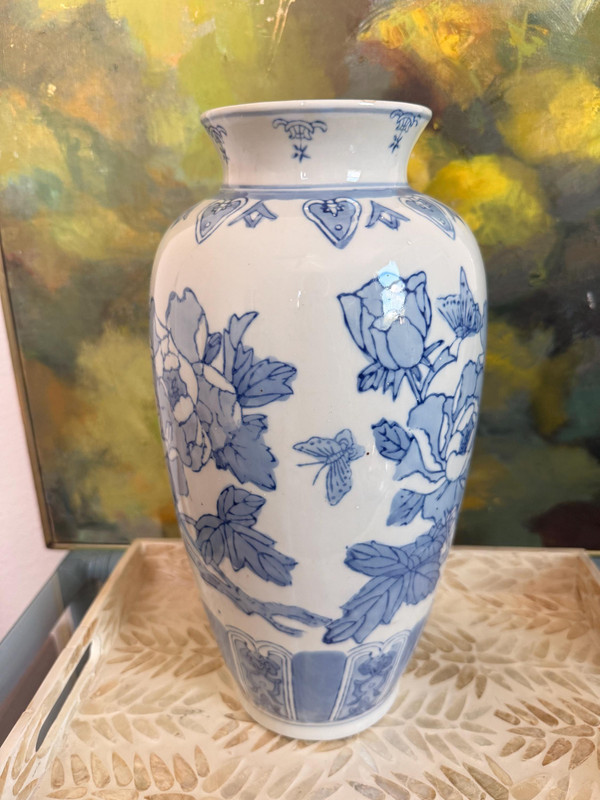14" Blue White Chinoiserie Vase | 1980s Peony Butterfly Porcelain Jar