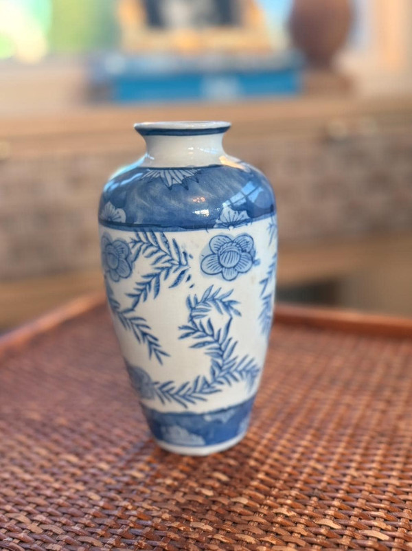Blue White Chinoiserie Porcelain Bud Vase | Hand-Painted Floral Mantle Decor